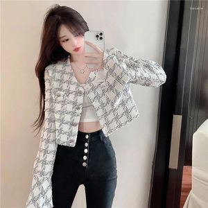 Women's Jackets Plaid Tweed Women Splicing Sleeve V-neck Color Collision Office Lady Korean Style Fashion Versatile Short Coats Female
