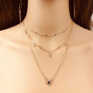 Pendanthalsband Sumeng 2024 Fashion Halsband Kort kristallstjärna Multi Layered Hanging Chain Necklace Womens Wedding Party Gift Q240430