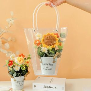 Decorative Flowers Sunflower Rose Knitted Bouquet Vintage Tin Bucket Fake Artificial Wedding Decor Hand-Woven Crochet Table Ornaments Gifts