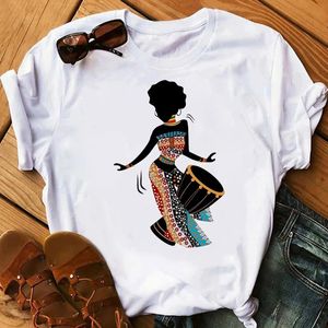 Printing retro hand -painted woman printed foreign trade cross -border women's round neck white short -sleeved T -shirt