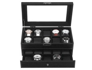 MENS LOCKABLE Watch Box Luxury Leather Organizer Storage Display Case Glass Top7825340