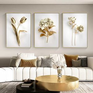 rs nórdico dourado branco planta folhas de parede de arte pintando 3d Vision Flowers Poster Prints Pictures for Modern Living Room Decor J240505