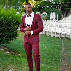 Men's Suits Dark Red Plaid Men Suit 3 Pieces Blazer Vest Pants Single Breasted Wedding Groom Tailored Formal Mens Clothing