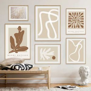 Papéis de parede boho abstrato matisse bege linha branca linha de parede de parede poster de tela minimalista pintando sala de estar decoração de casa interna j240505