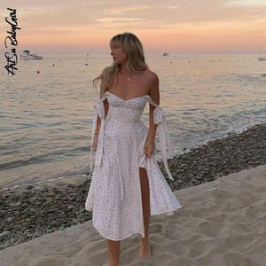 Casual klänningar ärmlös lår cami klänning blommig tryck slip kvinna sommar y2k mode sexig backless strand snörning upp split robe femme