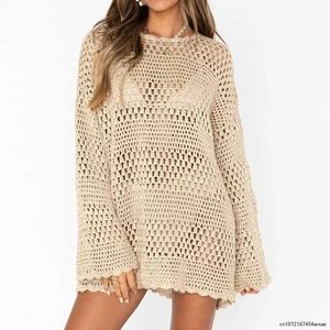 Basic Casual Dresses Womens long sleeved crochet knitted mini dress with colorful bikini cover Ups dress sexy hollow beach tuning dress Q240430