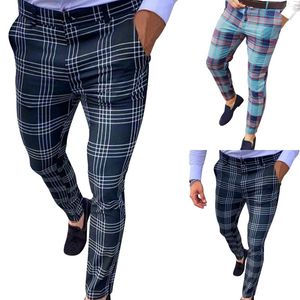 Men's Pants Summer Casual Plaid Social Stretch Trousers Mid Waist Skinny Business Office Working Party Male Suit Autumn