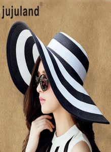 Jujuland 2018 New Summer Female Sun 모자 바이저 모자 큰 챙 검은 흰색 줄무늬 밀짚 모자 여성용 야외 해변 캡 C1902191383