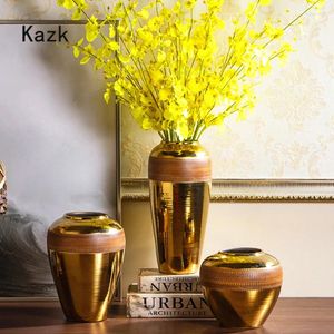 Vaser nordisk brun gängad guld keramisk vas modern industriell stil hantverk ornament ikebana torr blomma hem dekoration