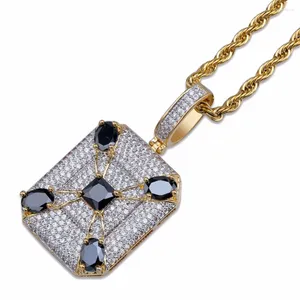 Anhänger Halsketten CZ Pave Out Bling Golden Square Luxus Männer Anhänger Halskette mit schwarzem Naturstein Männer Hip Hop Rapper Schmuck Schmuck