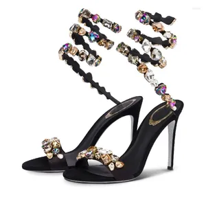 Sandals S Serake Forma Rhinestone High Heel 2024 Black Suede Crystal Dasselle Design Woman Gladiator Wedding Bling Scarpe