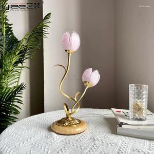 Masa lambaları Amerikan Tüm Bakır Yatak Odası Başucu Lambası Fransız Kırsal Retro Çalışma Yaratıcı Sıcak Cam Çiçek Dekoratif