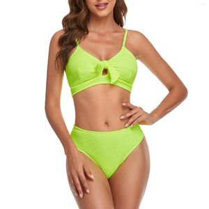 Kvinnors badkläder damernas solida delad bubbelduk Cutout Bow Bikini Swimsuit Set Conservative Baddräkter för kvinnor