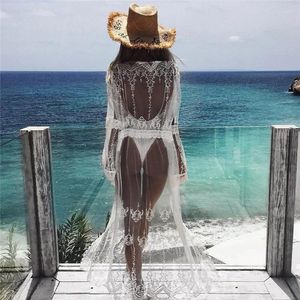 Women Sexy Beach Dress White Chiffon Lace Kimono Bikini Cover Up Wrap Cardigan Beachwear Hollow Out Long Sundress