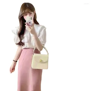 Vestidos de trabalho Terno de verão feminino 2024 Versão coreana da camisa fino da camisa peplum garotas rosa meia saia