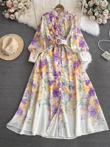 Casual Dresses 2024 Spring Bohemian Holiday Maxi Dress Women's Stand Lantern Sleeve Flower Print Buttons Down Belt Linen Robe Vestidos 6390