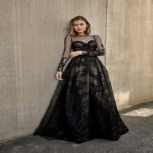 Vintage czarne gotyckie suknie ślubne 2019 Długie rękawy koronkowe Sheer Illusion rękawy A-line nie białe vintage suknie ślubne z kolorem 219h