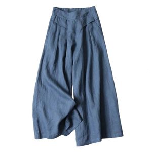 Summer Pants for Women Cotton Linen Large Size Wide Leg Pants Femme Arts Style Elastic Waist Solid Casual Loose Pantalon 240420