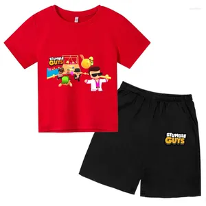Clothing Sets Boys Summer Game Stumble Guys Cartoon Print Casual T Shirt Set Girls Sports Suit Short Sleeve 4T-14T Kids Tops