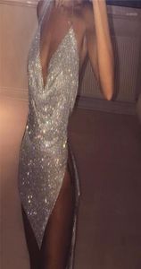 Tvådelad klänning Kvinnors Rhin -paljett Set Sparkly Gold Silver Halter Backless Deep V Crop Top Crystal Metal Split Mini kjol15709027