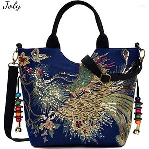 Evening Bags Canvas Women Sequins Peacock Embroidery Ethnic Handbag Crossbody Purse Ladies Top-handle Shoulder Bag With Pendants