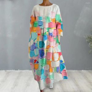 Casual Dresses Summer Women Maxi Dress Colorful Printing Three Quarter Sleeve Round Neck Loose A-line Big Hem Side Pockets Vacation Daily