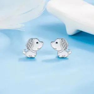 Stud Earrings Silver Color Dog Womens Earring Cute Lucky Soft Crystal Stone Animal Ear Child Fashion Post