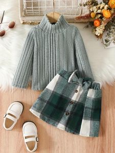 Clothing Sets 2 Baby Girl Spring And Autumn Plush Wide Pit Strip High Neck Long Sleeve Top British Style Bow Elegant Skirt Set