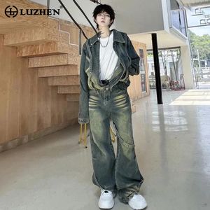 Luzhen Vintage Mens Trendy Ribbon Splising Design Loose High Street Denim Jacket Свободные джинсы Стильные наборы с двумя частями LZ2695 240419