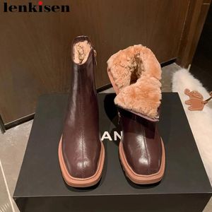 Boots Lenkisen äkta läder Square Toe High Heels Snow Cold-resistent Platform Vintage Zipper Cozy Casual Brand Ankle