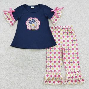 Clothing Sets Thanksgiving Girl Suit Wholesale Pure Cotton Embroidery Rhombus Square Turkey Navy Blue Short-sleeved Trousers