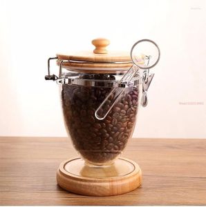 Storage Bottles Plastic Sealed Can Wooden Base Cover White Transparent Tank Coffee Bean Box With Spoon Home Decoration