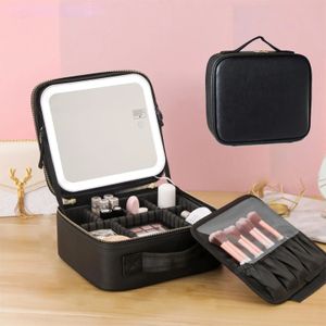 Intelligent LED -ljussmakeupväska med stor spegelvattentät PU -läderresor Makeup Bag 240426