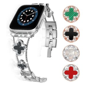 Fashion Lady Diamond 4 Leaf Armband Armband Watch Strap Link Chain Justerbara bandband Watchband för Apple Watch 3 4 5 6 7 8 9 Iwatch 40/41mm 44/45mm Ultra
