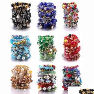 Bileklik 10pcs/Set Mix Renk Ağacı Çiçek Kalp Alaşım Kolye Boncuklar Bohem Bilezikler Kadın Doğal Taş Bilek Bangles Drop de Dhkih