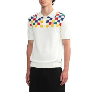 24SS Casablanca Designer Wełna Kolor Siatka Kosztowa koszulka Polo Koszulka Mężczyźni i kobiety Lapel Buttons Lose Top Pullover Knit Knit Wszechstronny koszulka T-shirt Tide Casablanc