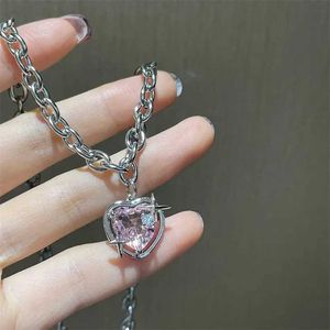 Pendant Necklaces Stainless steel necklace pink vermiculite peach galaxy necklace niche design love crystal pendant Versatile necklace chain Q240430