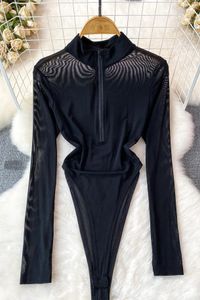 Kadın bluzları Seksi fermuarlı örgü uzun kollu bodysuit moda tek parça temel tatlı kadınlar yaz gotik ince sokak kıyafeti tulum ins