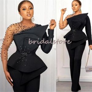 Chic African Black Aso Ebi Prom Dresses 2022 med pärlor långärmad plus -storlek på kvällsklänning Jumpsuit Dinner Party Wear Satin Outfit PA 246Z