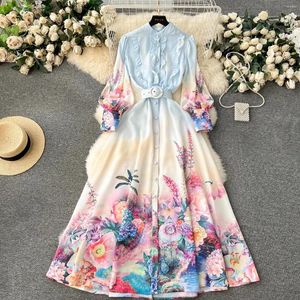 Casual Dresses Spring Elegant Gradien Maxi Dress Women's Linen Stand Collar Lantern Sleeve Flower Print Ruffles Buttons Belt Long Vestidos