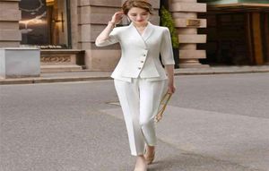 Wysokiej jakości swobodne Women039s Pants Dwuczęściowy zestaw Letni Elegancki damski biały blezer kurtka biznesowa T2008175727967