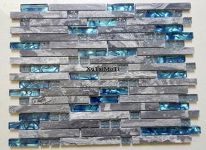 11st Gray Marble Mosaic Blue Glass Tile Kitchen Backsplash Badrum Bakgrund Dekorativ vägg Spis Bar Stenväggplattor4812668