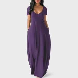 Grundläggande avslappnade klänningar Nya kvinnors fast färgklänning Sexig DP V Kort slve Long Dress T240505