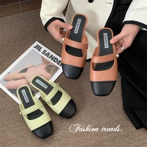 Half slippers for women to wear in summer color blocking commuting sandals low thick heels flat bottoms and lazy shoes