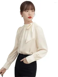 Bluzki damskie koreańskie kobiety uliczne eleganckie luksusowe długie rękawie satynowe topy jesienne lewą szyję koronkową szyfonową koszulę biznesową