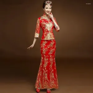 Etnik Giyim Yüksek Kaliteli Kırmızı Çin Gelinlik Kadın Cheongsam Gold Slim Geleneksel Kadınlar Qipao parti