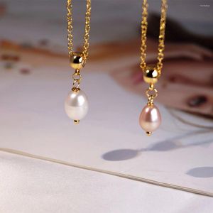 チェーン1ミニマリストスタイルの水滴形状天然淡水真珠のネックレスペンダント銅メッキ14Kゴールドメス