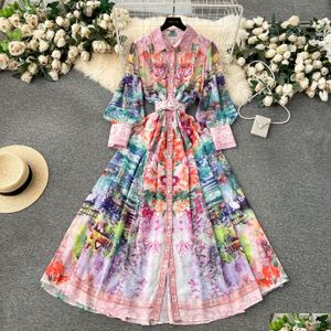 Grundläggande avslappnade klänningar Elegant våren Sumemr Holiday Flower Chiffon Maxi Dress Womens Lapel Long Lantern Sleeve Floral Print Belt Boho R DHSQ7