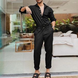 Men's Tracksuits Summer Thin Cargo Jumpsuit Pants Overalls Fashion Long Sleeve Lapel Button-Down Rompers Solid Color Workwear