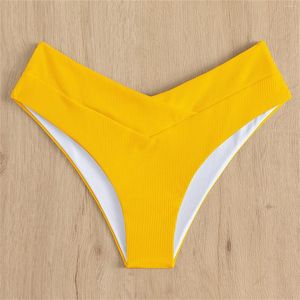 Women's V Cut High Waisted Swim Brazilian Bottom Hipster Ribbed Vintage Bikini Swimsuit Swimbottom Thong